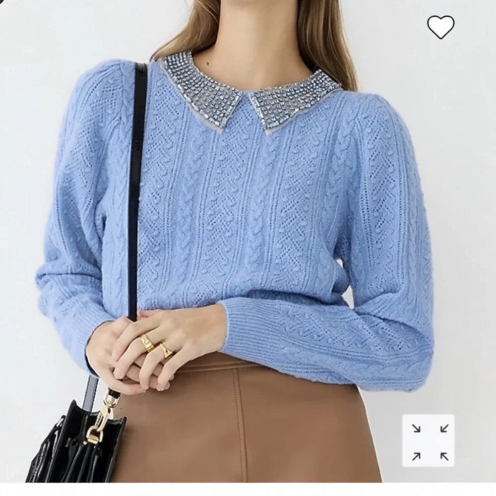 J.Crew Pointelle Cable-Knit Crewneck Sweater with Beaded Collar NWT Size M